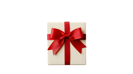 Hanging minimal gift box rounded square sign paper card with red ribbon rope bow isolated on transparent background