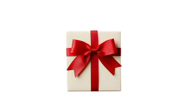 Hanging minimal gift box rounded square sign paper card with red ribbon rope bow isolated on transparent background