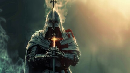 Knights Templar in silent prayer their crosses a beacon of hope and unwavering belief - obrazy, fototapety, plakaty