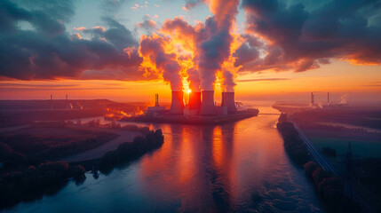 Fototapeta premium Aerial view of coal power plant with smoking chimneys at sunset