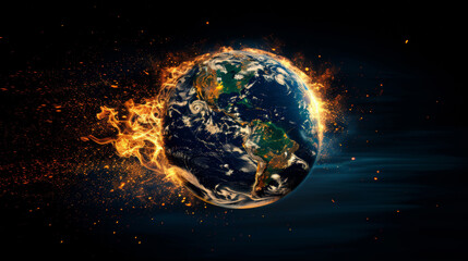 A digital artwork of Earth depicting the effects of global warming, with one half in flames.