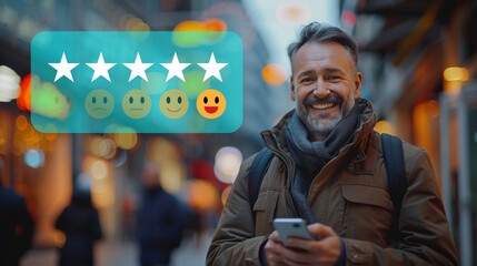 Cheerful mature man using smartphone with a five-star customer satisfaction rating overlay in an urban setting.