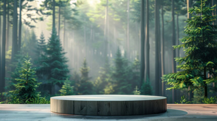 Empty wooden podium in a serene misty pine forest, ideal for product display with a natural backdrop.
