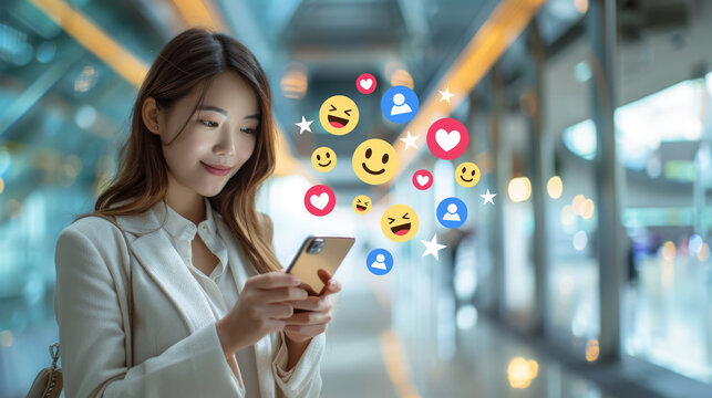 A young, stylish woman smiles as she uses her smartphone, with social media reaction icons floating above the screen in a modern setting.