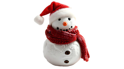 one snowman wearing a Santa hat and a striped scarf, isolated on transparent background