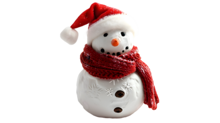 one snowman wearing a Santa hat and a striped scarf, isolated on transparent background