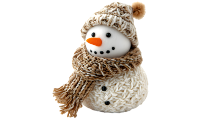 one snowman wearing a Santa hat and a striped scarf, isolated on transparent background