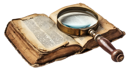 open book and magnifying glass isolated on transparent background
