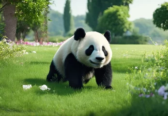 Fotobehang Cheerful playing panda on green lawn. Rare endangered animals protected concept. Cute clumsy black and white bear. © eartist85