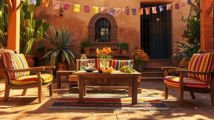 Fototapeta na wymiar Festive Mexican Patio with Traditional Decor and Vibrant Textiles for Cinco de Mayo