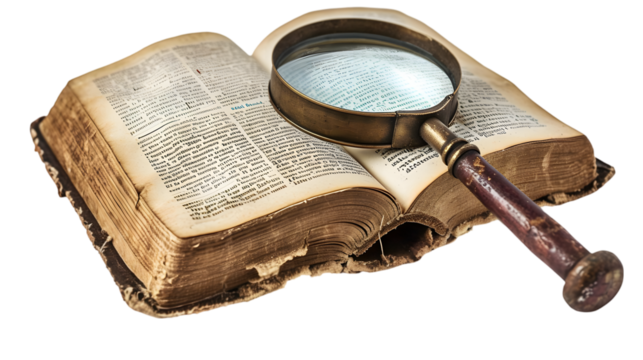 open book and magnifying glass isolated on transparent background