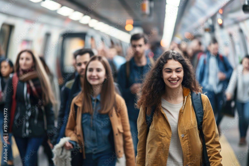 Sticker Group of people walking around at train transit