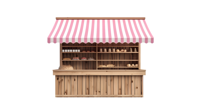 Market stall kiosk stand exhibition booth shop store with product shelf counter or display shop stand with pink striped awning isolated on transparent background