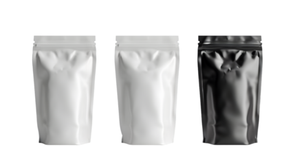 Mockup Stand Up Blank Bag black , gray and white For Coffee, Candy, Nuts, Spices, Self-Seal Zip Lock Foil Or Paper Food Pouch Snack Sachet isolated on transparent background