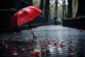 Heart-shaped umbrella in the rain.