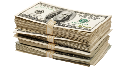 Money Pile of packs of hundred dollar bills stacks isolated on transparent background