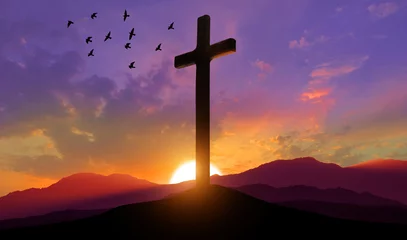 Foto op Plexiglas Crucifixion of Jesus Christ. Cross at sunset. 3d illustration © arsenypopel