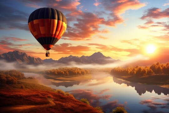 Romantic hot air balloon ride at sunrise.