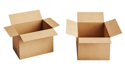 one open and one closed cardboard box isolated on transparent background