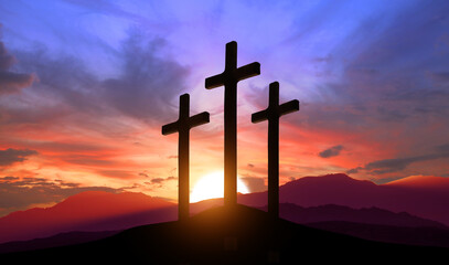 Fototapeta na wymiar Crucifixion of Jesus Christ. Cross at sunset. 3d illustration