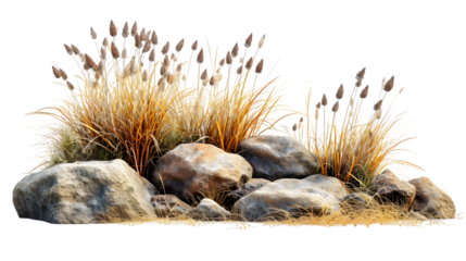 savanna dry grass meadow shrubs with rocks isolated on transparent background