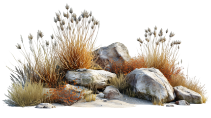 savanna dry grass meadow shrubs with rocks isolated on transparent background