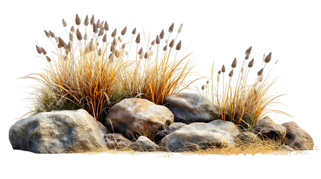 savanna dry grass meadow shrubs with rocks isolated on transparent background