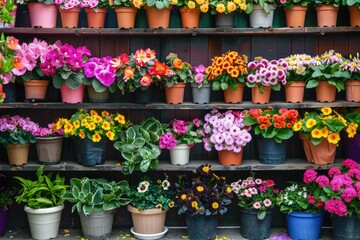 Many colorful blooming flowers in pots are displayed on shelf in floristic store or at street market. Spring planting. - obrazy, fototapety, plakaty