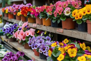 Fototapeta na wymiar Many colorful blooming flowers in pots are displayed on shelf in floristic store or at street market. Spring planting.