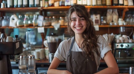 Beautiful female barista and smiles while working behind the bar counter in a cafe.