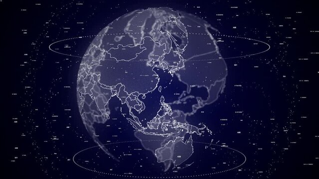 digital globe rotating, zooming in on Taiwan country. Data analysis Technology Cinematic Globe rotating on Taiwan Country data analysis background Energy particles around the Globe