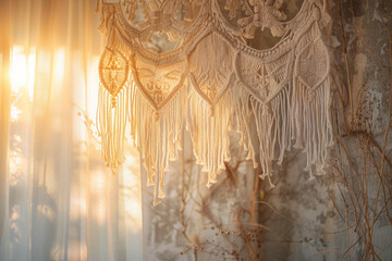 A handcrafted macrame wall hanging is showcased against a backdrop of frost-covered branches and warm sunlight.