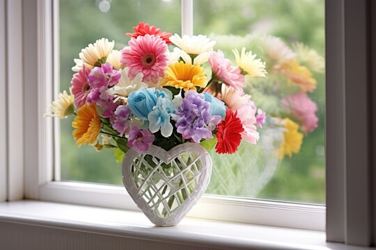 Heart-shaped flower arrangement on a windowsill.