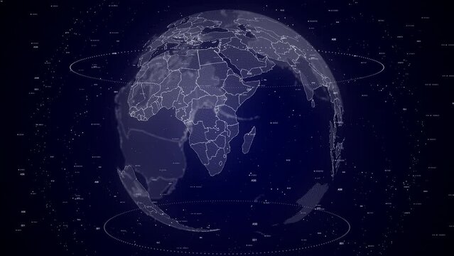 digital globe rotating, zooming in on Malawi country. Data analysis Technology Cinematic Globe rotating on Malawi Country data analysis background Energy particles around the Globe