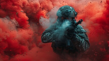 soldier in the smoke - obrazy, fototapety, plakaty