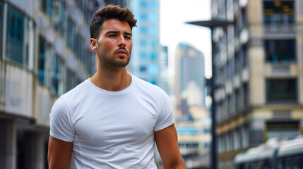 Stylish young man in a white t-shirt poses in an urban setting, exuding casual confidence.