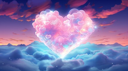 Organic cloud shaped like a heart, illuminated by various colors of pastel lights. The cloud is...