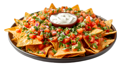 Plate of freshly made spicy nachos isolated on transparent background