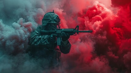 Naklejka premium soldier in the smoke