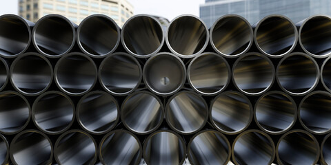 A large stack of new pipes lies on a construction site. - obrazy, fototapety, plakaty
