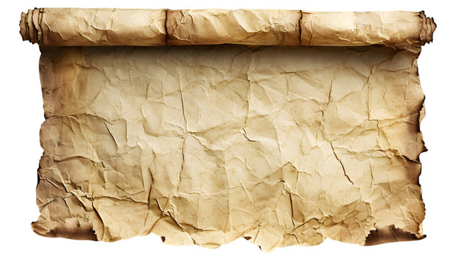 recycled crumpled old paper or parchment scrolls illustration or paper background for design isolated on transparent background