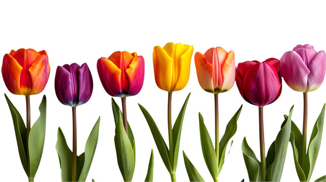 Row of colourful tulips isolated on transparent background