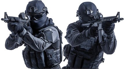 set image of black ops soldier with balaclava covered face and full equipment with rifle isolated on transparent background