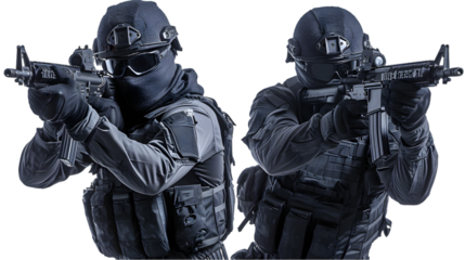 set image of black ops soldier with balaclava covered face and full equipment with rifle isolated on transparent background