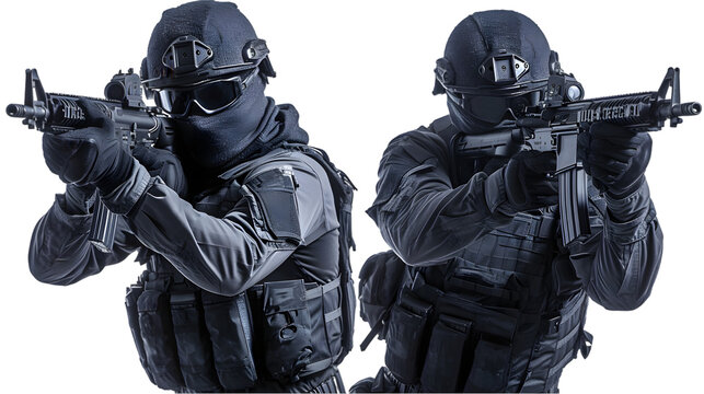 set image of black ops soldier with balaclava covered face and full equipment with rifle isolated on transparent background - Powered by Adobe