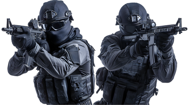 set image of black ops soldier with balaclava covered face and full equipment with rifle isolated on transparent background