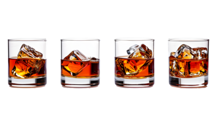 Set of glass of whiskey or whisky or american Kentucky bourbon with its reflection on the plane. isolated on transparent background