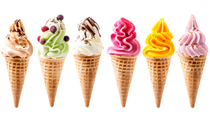 Set of Ice cream cones with different flavors isolated on transparent background