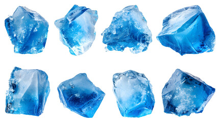 Set of pieces of pure blue natural crushed ice. Ice cubes isolated on transparent background