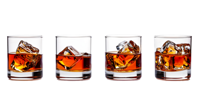 Set of glass of whiskey or whisky or american Kentucky bourbon with its reflection on the plane. isolated on transparent background